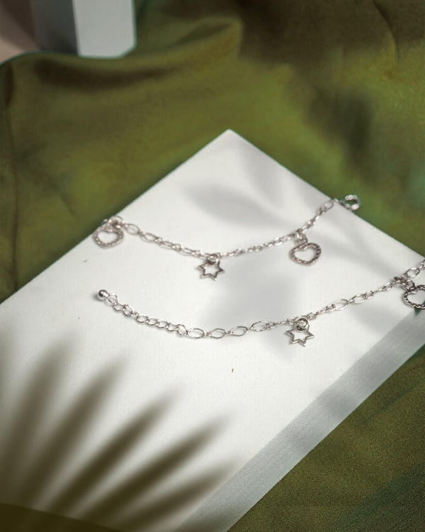 925 Sterling Silver Heart & Star Charm Anklet (Pair) | Trendy Chain Payal for Women & Girls