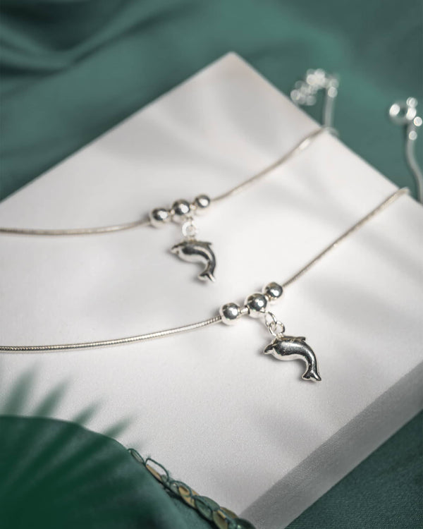 925 Sterling Silver Dolphin Charm Anklet Pair | Cute Snake Chain Payal for Girls