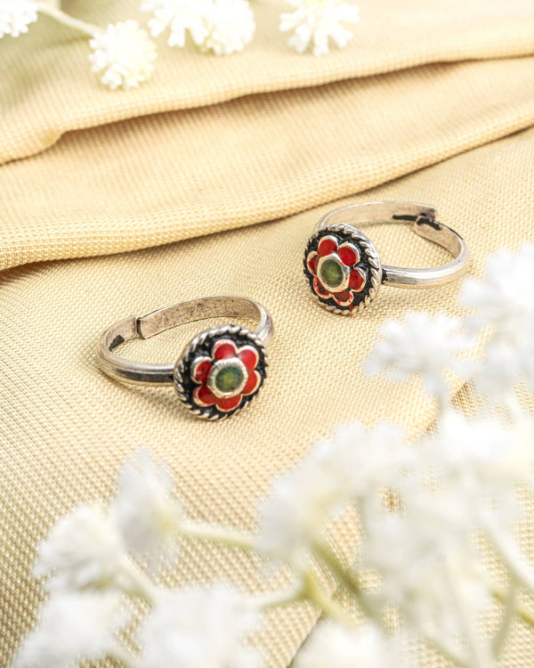 92.5 Sterling Silver Red & Green Enamel Toe Rings | Traditional Meenakari Bichhiya