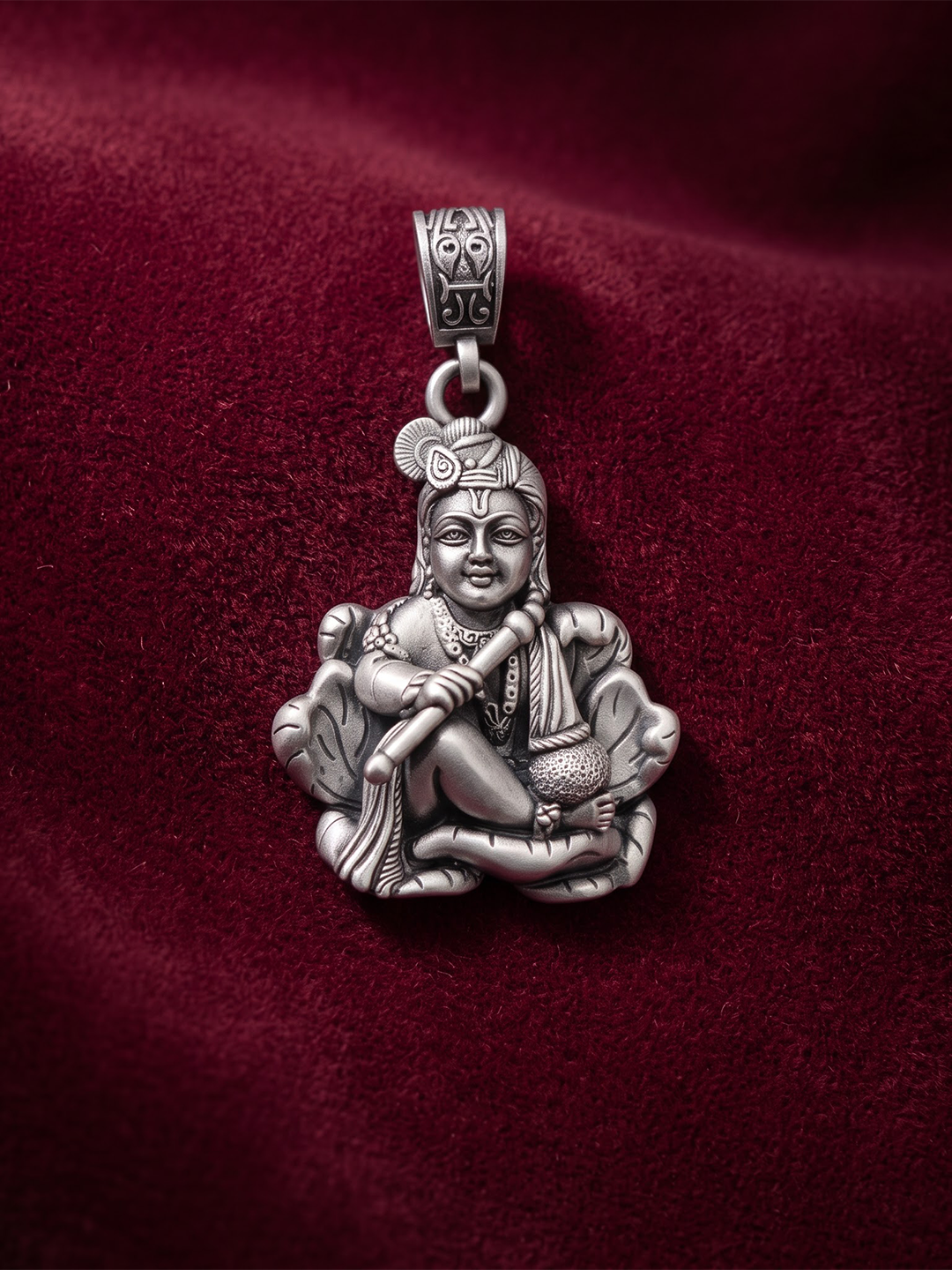 Oxidized 925 silver Laddu Gopal Bal Krishna pendant seated with flute