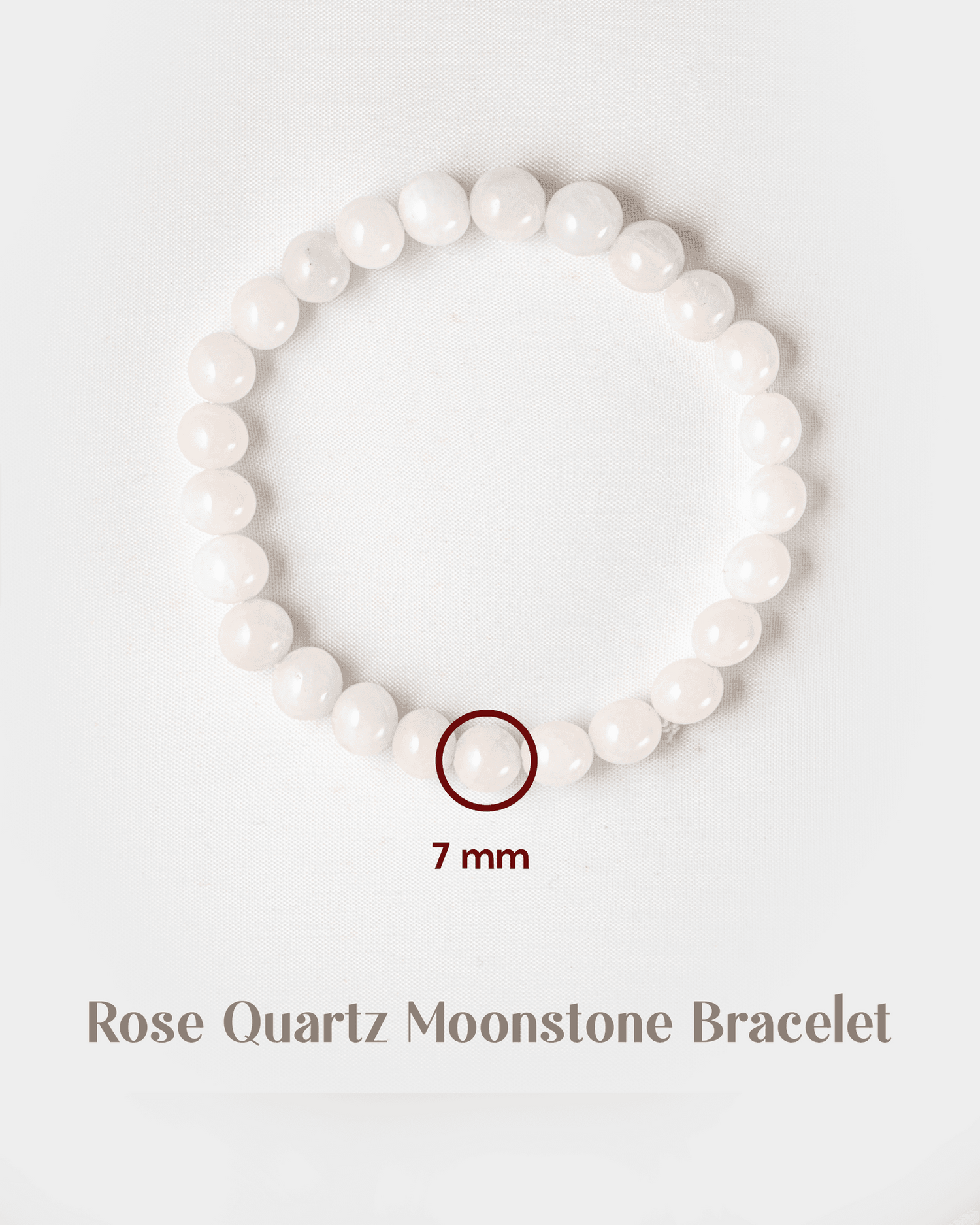 Rose Quartz Moonstone Bracelet on a white background with size indication.