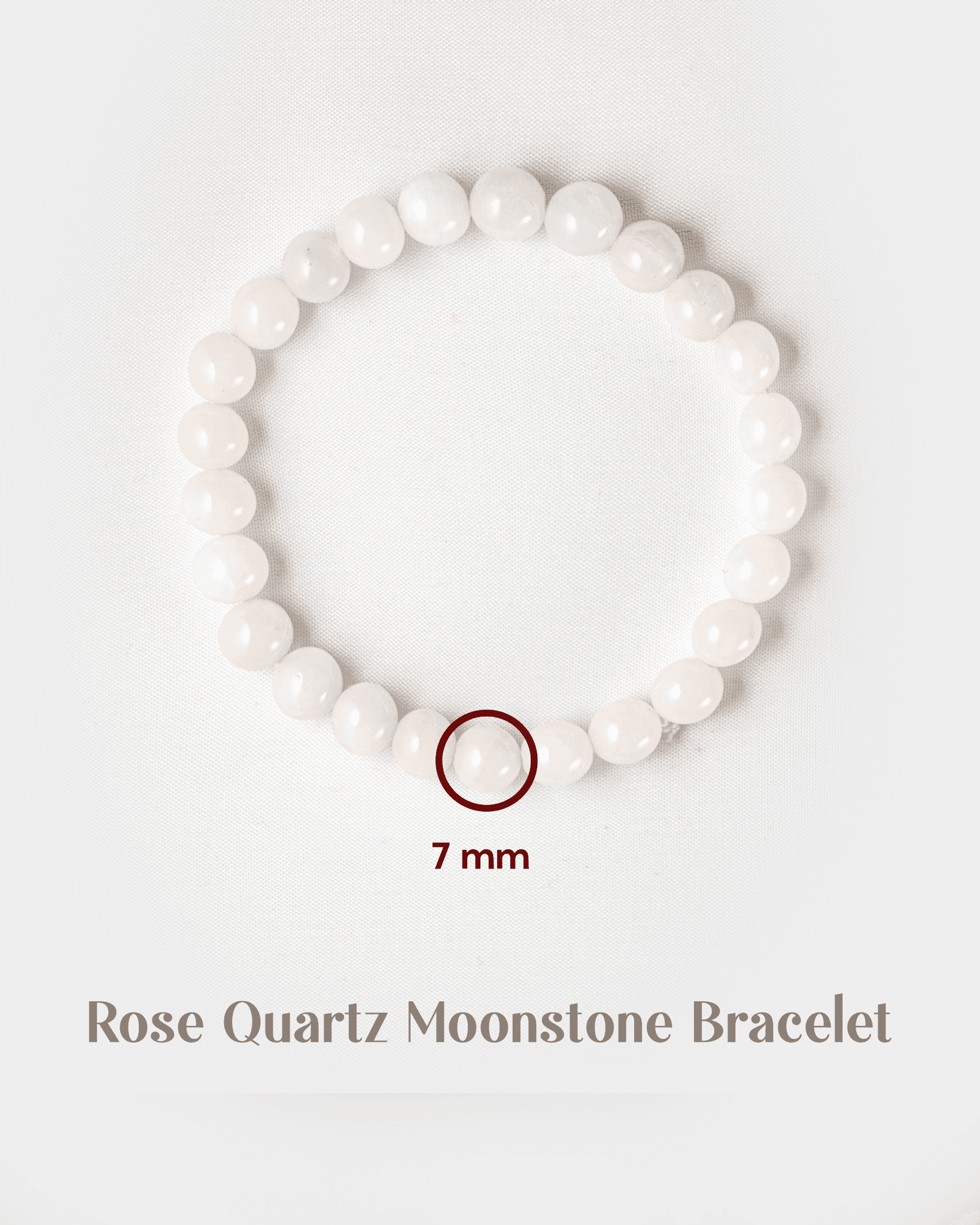 Rose Quartz Moonstone Bracelet on a white background with size indication.