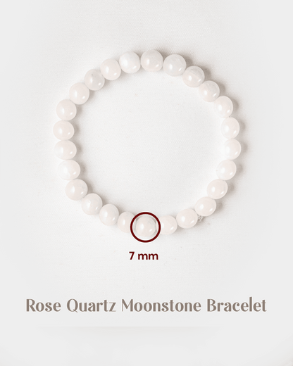 Rose Quartz Moonstone Bracelet on a white background with size indication.