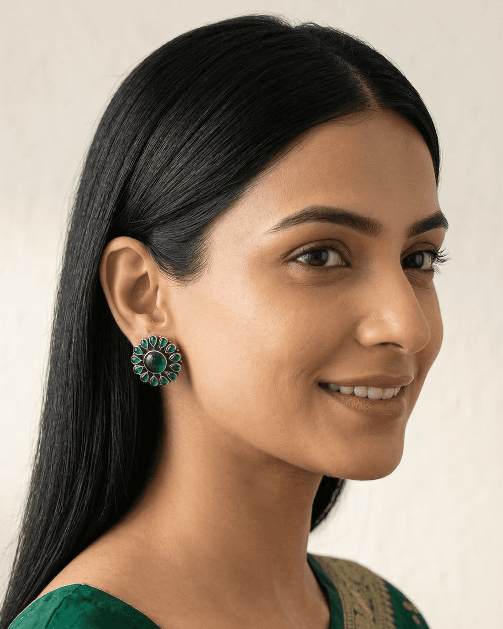 92.5 Sterling Silver Oxidized Green Cabochon Floral Studs | Antique Statement Earrings