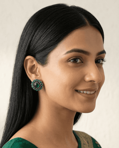 92.5 Sterling Silver Oxidized Green Cabochon Floral Studs | Antique Statement Earrings