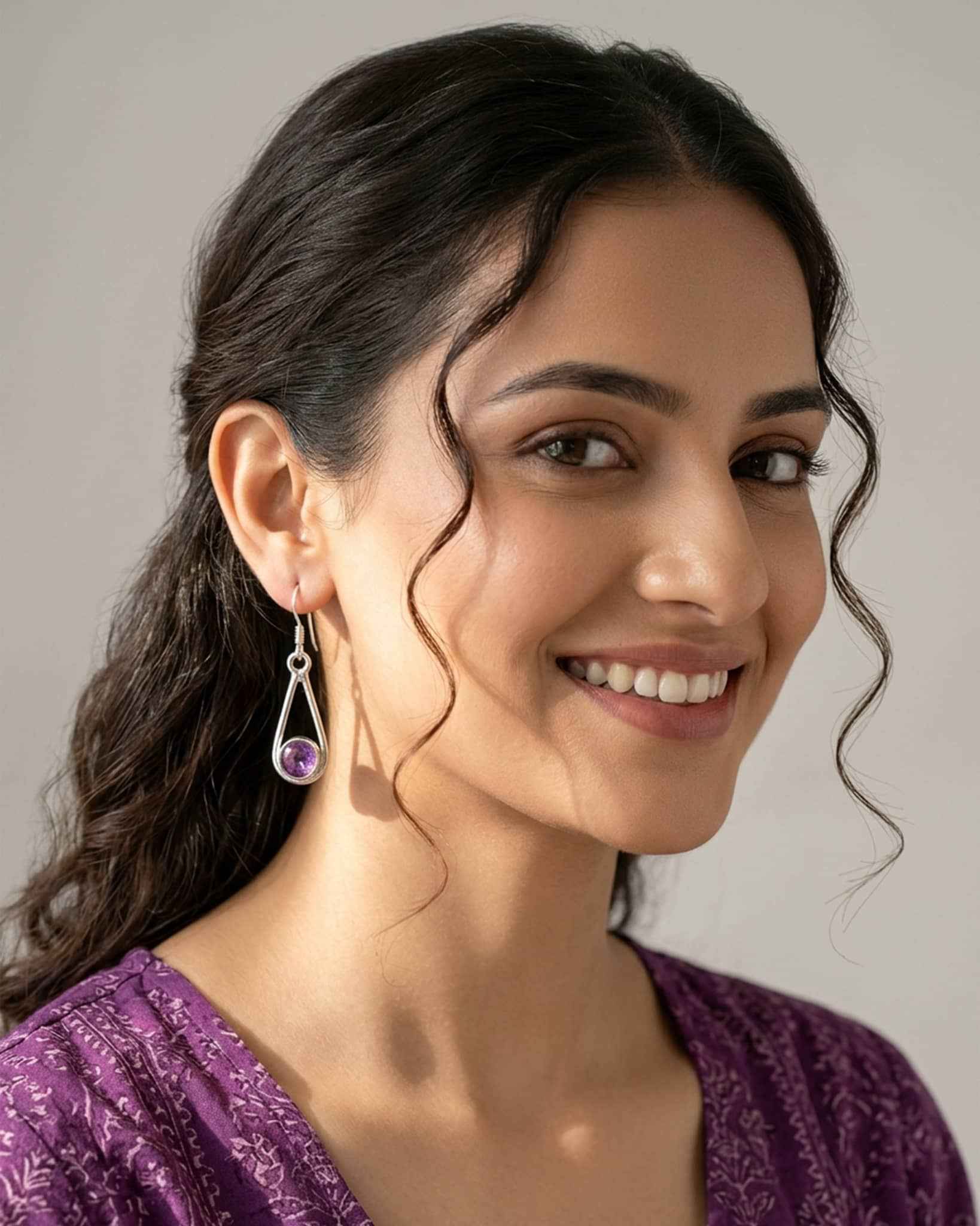 92.5 Sterling Silver Purple Cabochon Dangle Earrings | Open Teardrop Frame