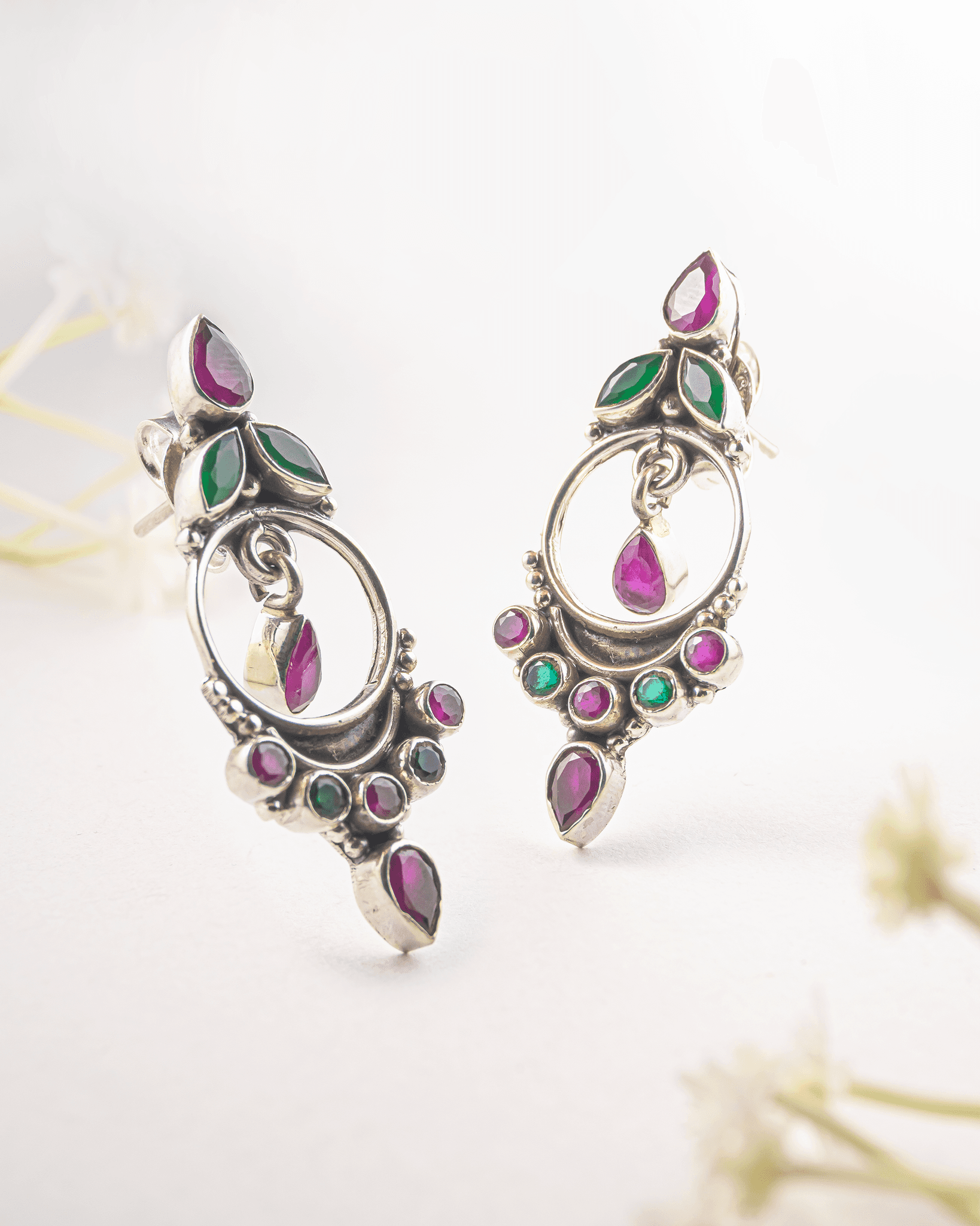 92.5 Sterling Silver Yellow Daisy Floral Dangle Earrings | Two-Tone Stone Cluster