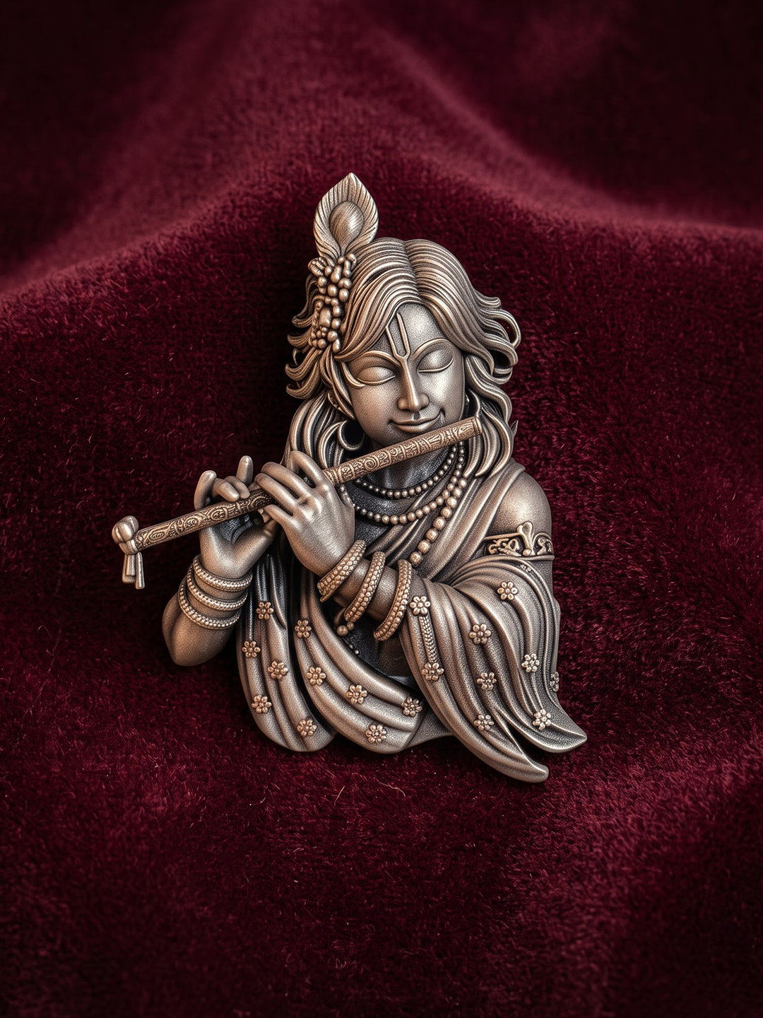 Oxidized 925 silver Krishna flute Murlidhar brooch on maroon fabric