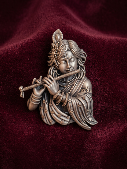 Oxidized 925 silver Krishna flute Murlidhar brooch on maroon fabric