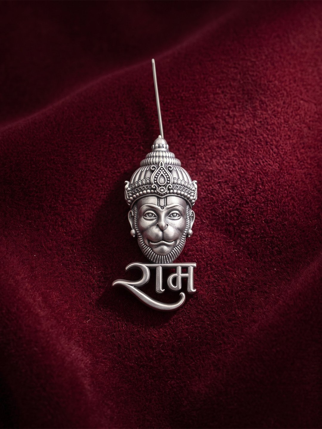 Oxidized 925 silver Hanuman face brooch with Ram naam on maroon fabric