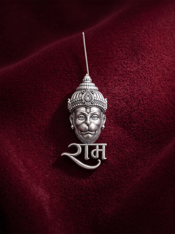 Oxidized 925 Sterling Silver Hanuman Ram Naam Brooch | Antique Bajrangbali Face Lapel Pin for Men