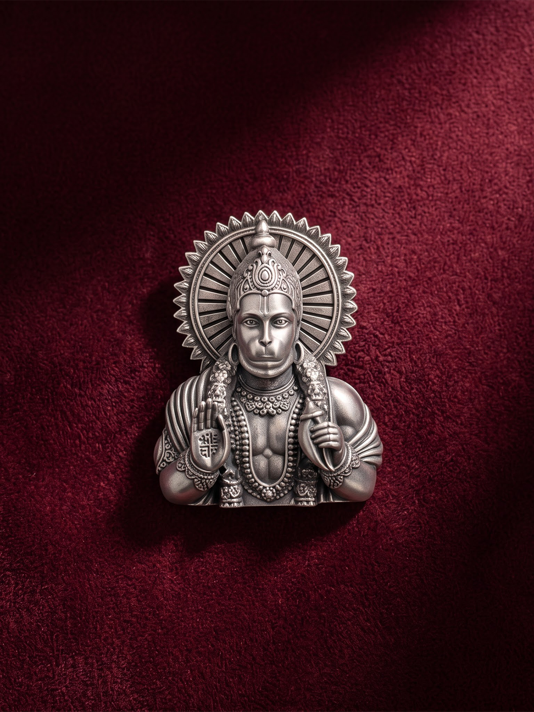Oxidized 925 silver Hanuman blessing bust button with halo on maroon fabric