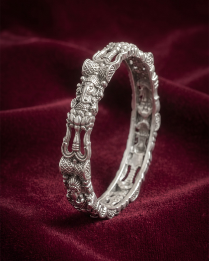 92.5 Sterling Silver Oxidized Ganesha Bangle | Antique Lotus Temple Kada