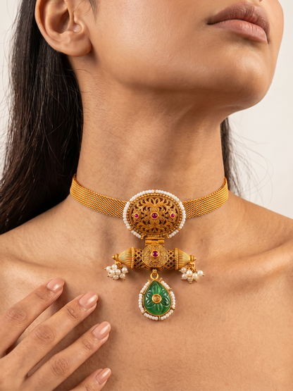 Heritage green pendant gold-plated silver choker styled look by Hardik Jewels