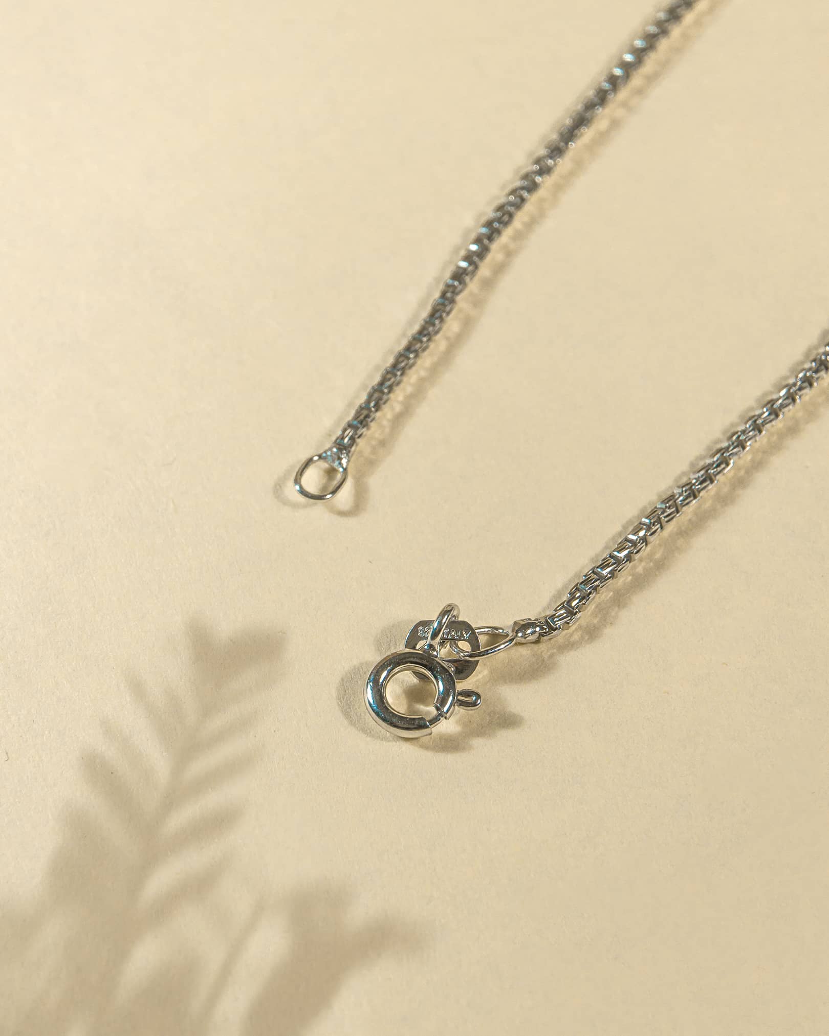 Silver necklace with clasp on a beige background