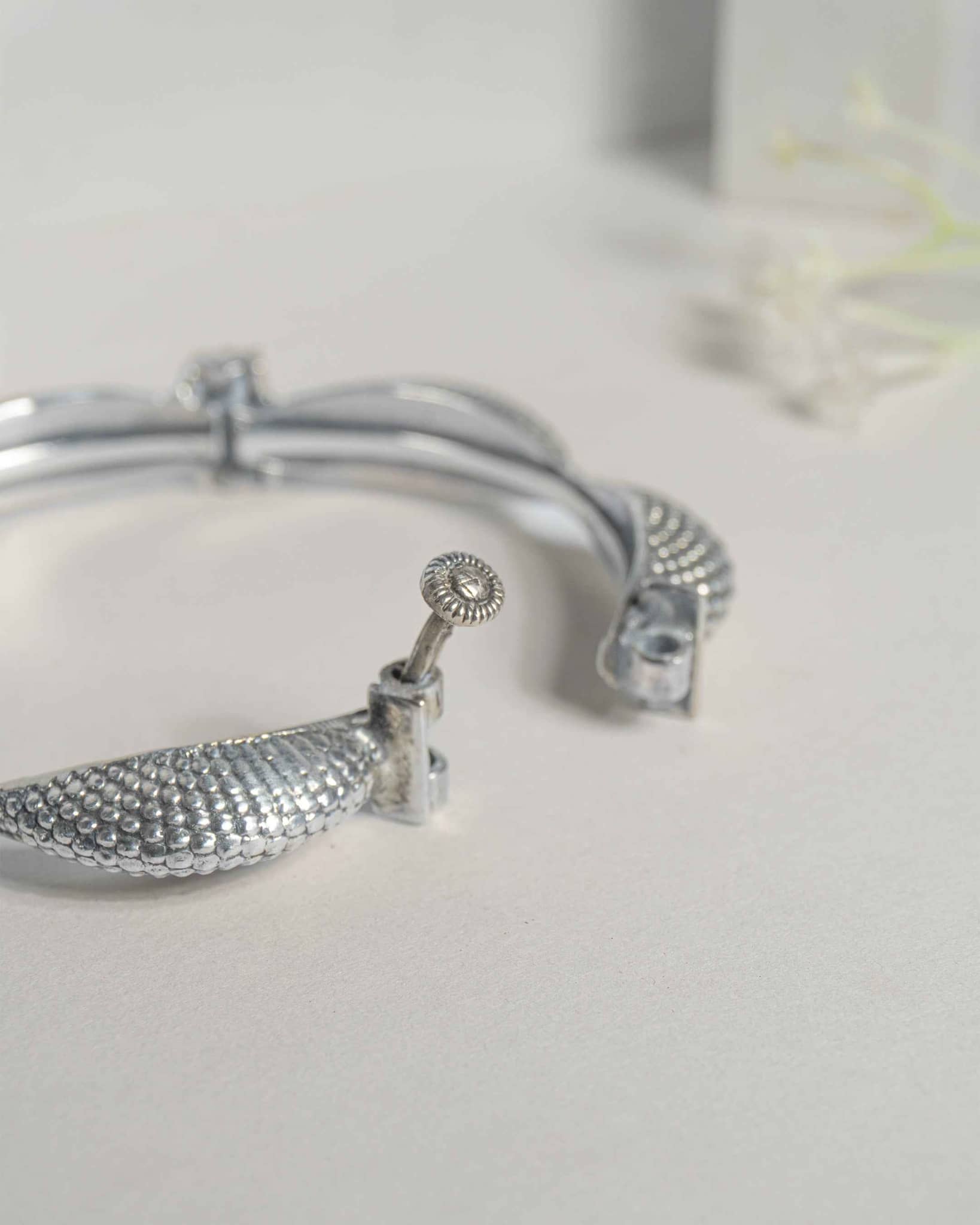 92.5 Sterling Silver Textured Scalloped Bangle | Tribal Beaded Hinged Kada