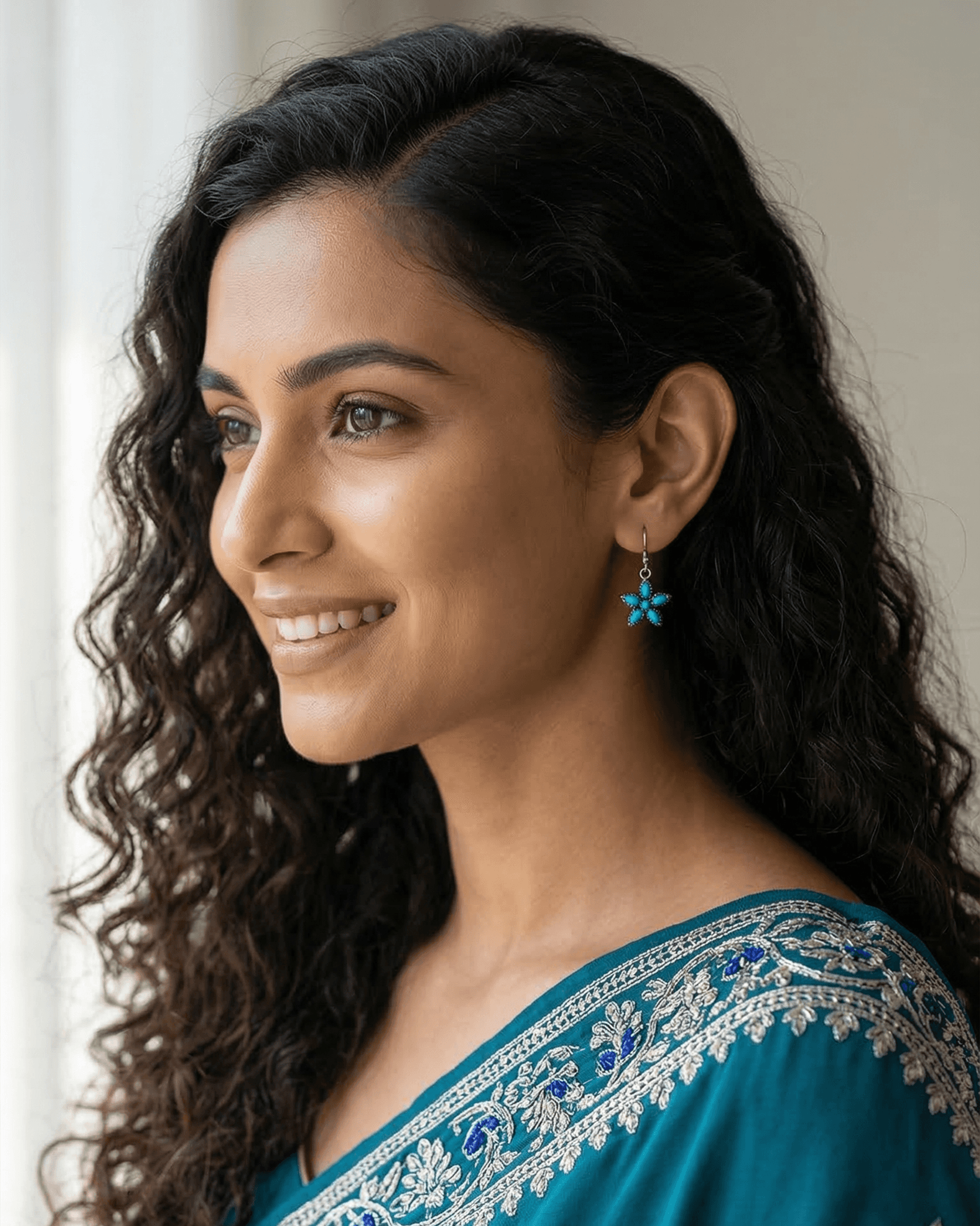 92.5 Sterling Silver Oxidized Turquoise Star Dangle Earrings | Boho Floral Drop