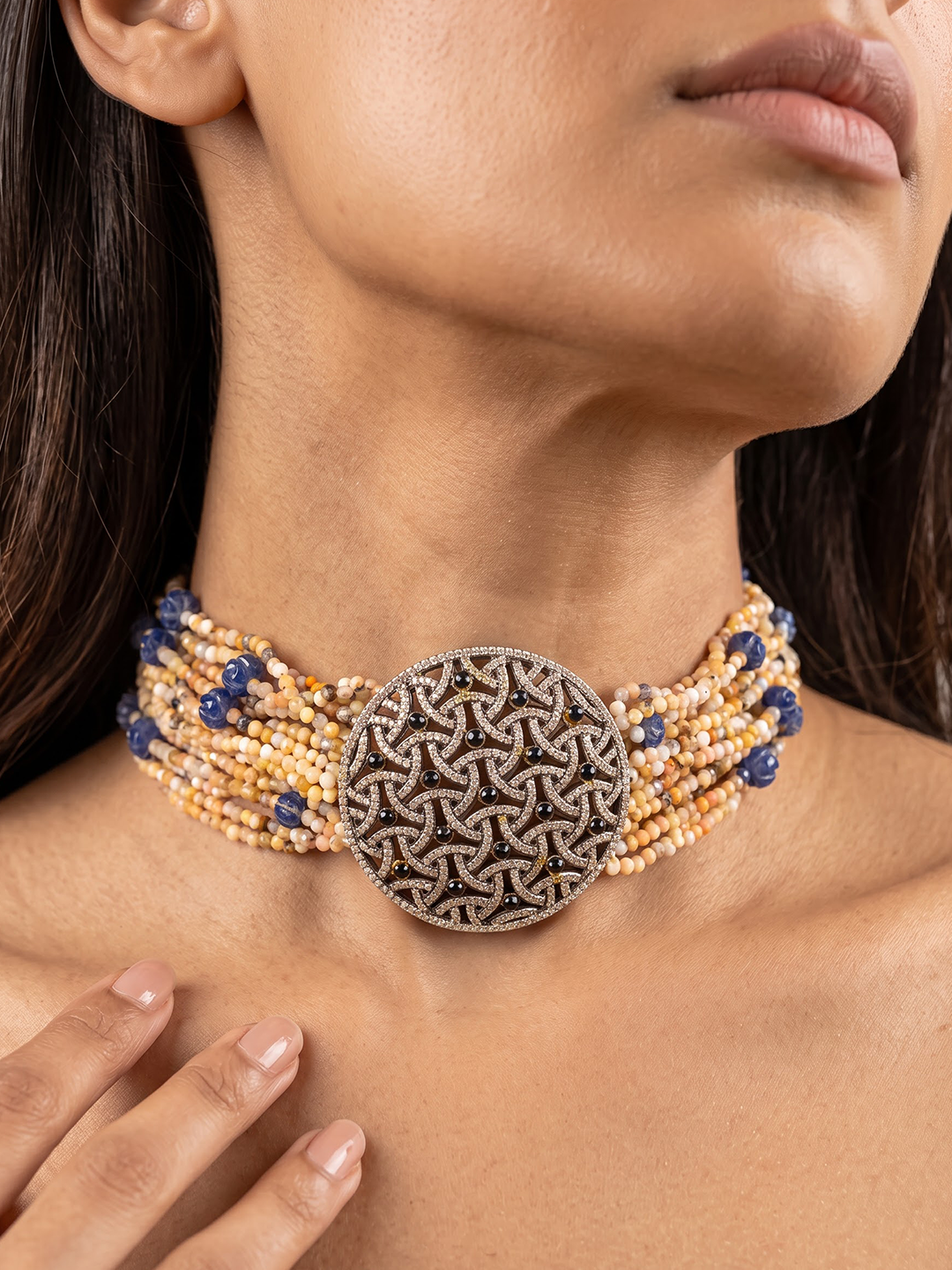 Blue beaded Victorian silver choker styled look by Hardik Jewels