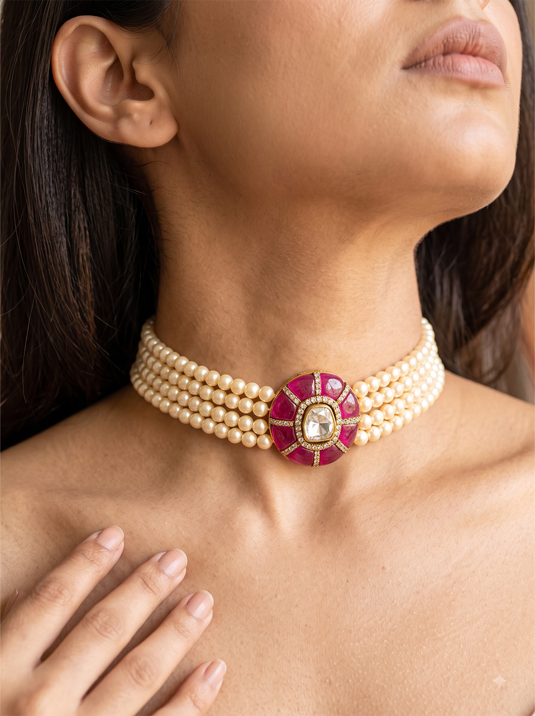 Ruby Kundan pearl silver bridal choker styled look by Hardik Jewels