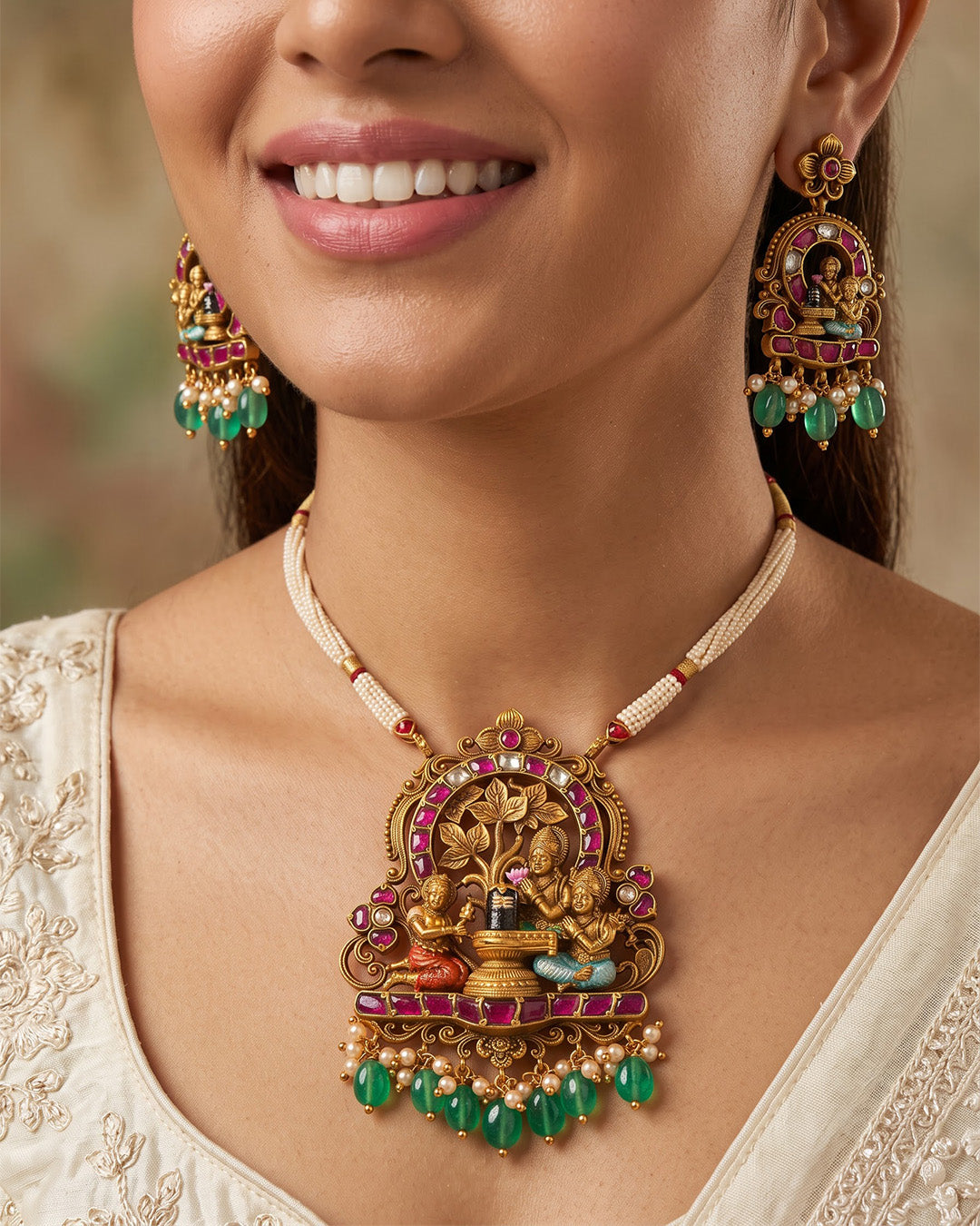 Shiva Parivar Antique Temple Pendant Necklace Set