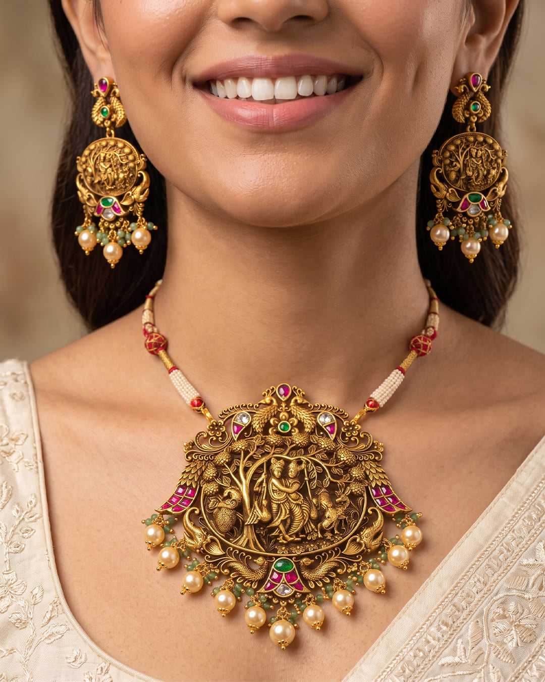 Radha Krishna Peacock Antique Temple Pendant Necklace Set