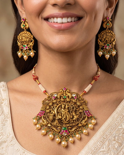 Radha Krishna Peacock Antique Temple Pendant Necklace Set