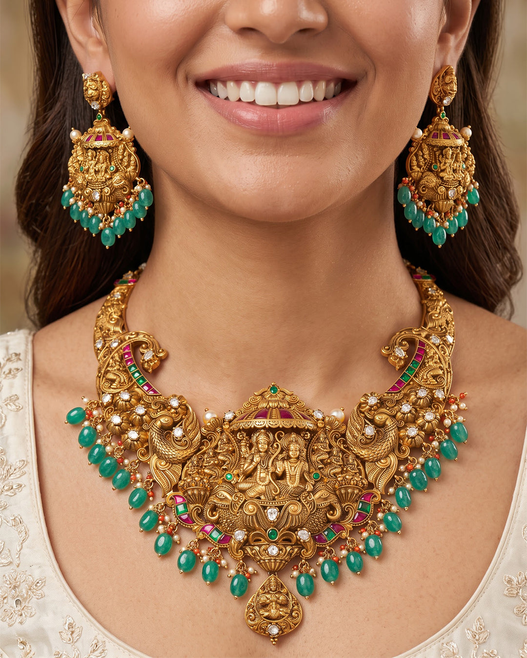 Ram Darbar Peacock Grand Antique Temple Necklace Set