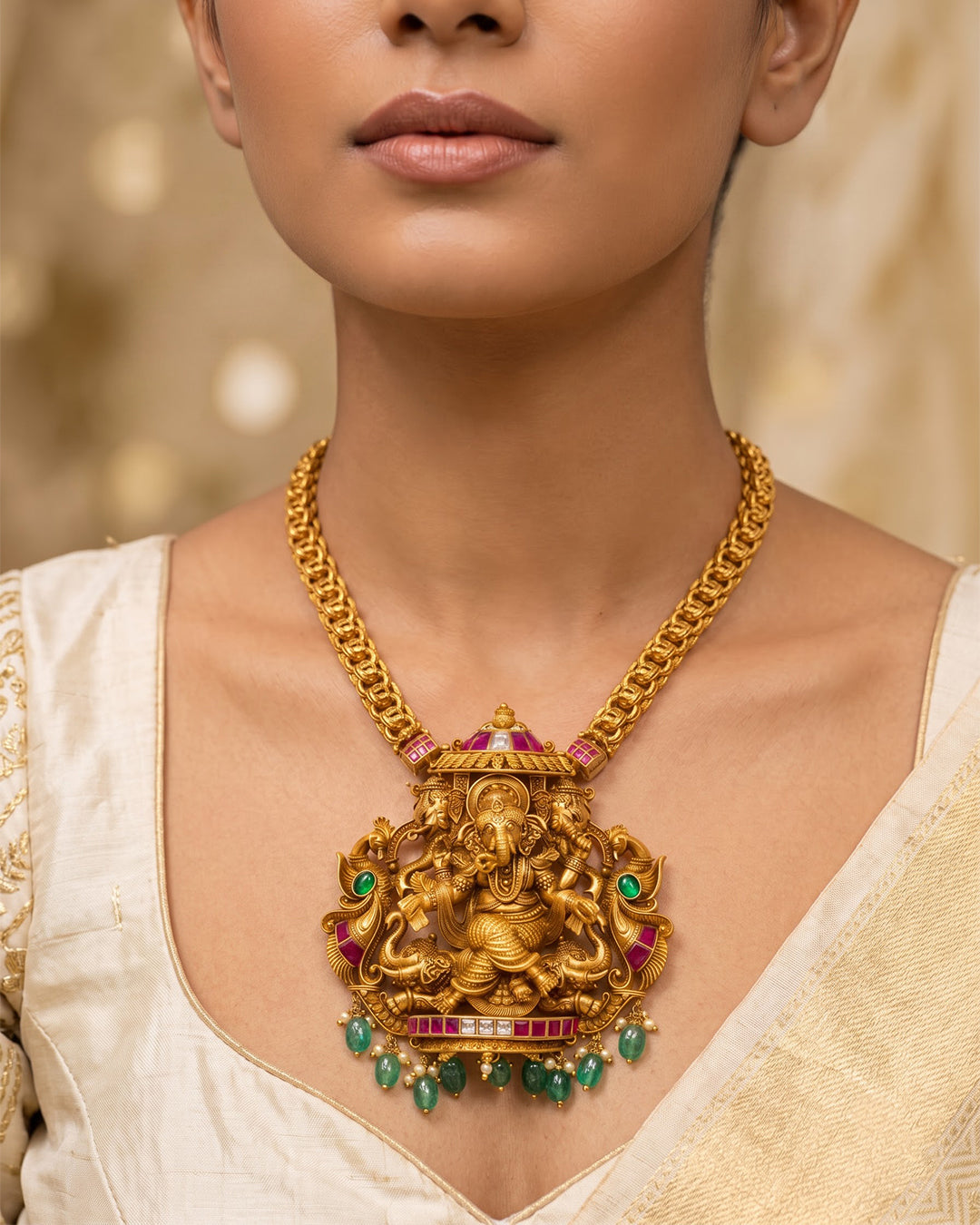 Ganesha Antique Temple Statement Necklace with Green Beads