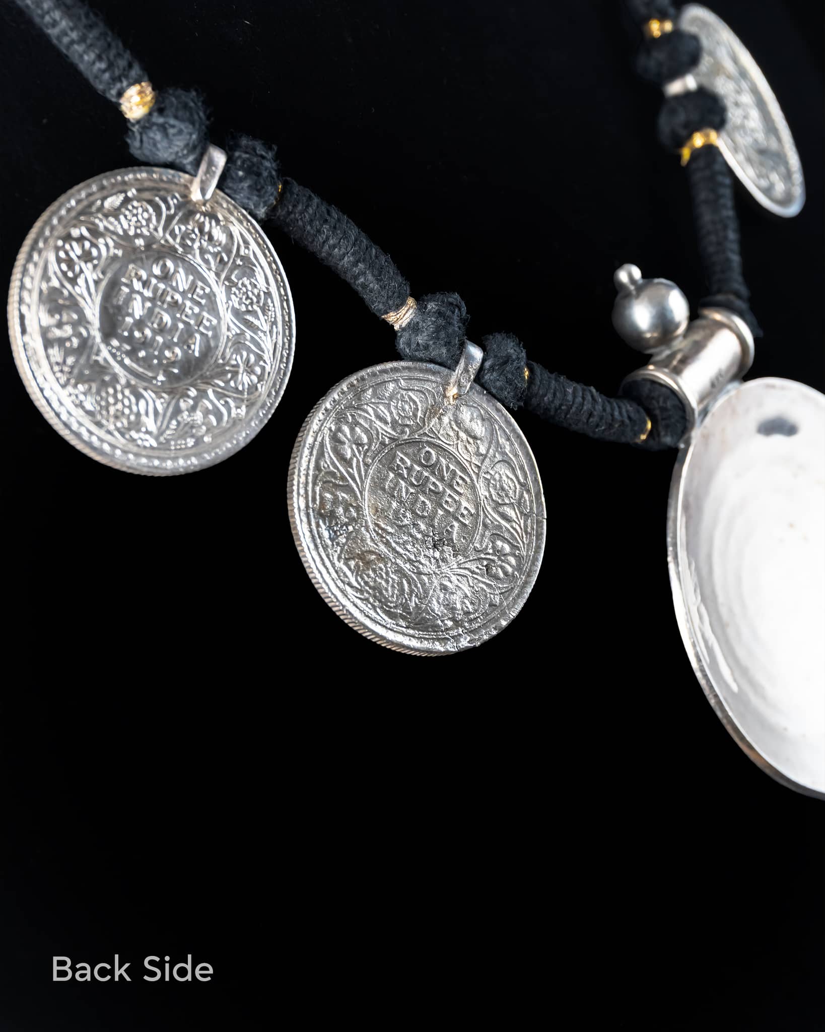 92.5 Sterling Silver Tribal Coin Necklace | Black Thread Dori Statement Pendant