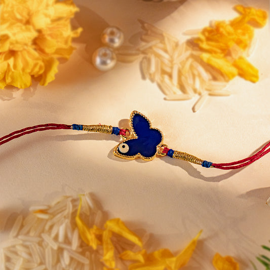 Hardik Jewels Butterfly Silver Rakhi with Blue Enamel.