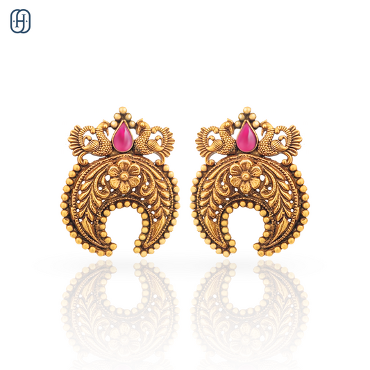 Elegant Peacock Nakkashi earrings with intricate design and pink stone accents from Hardik Jewels