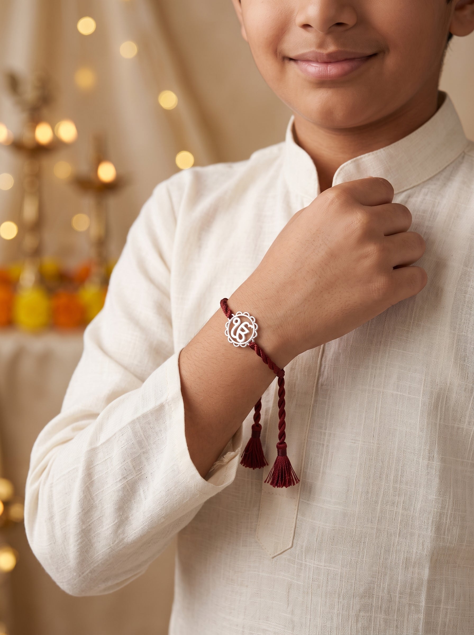 Ik Onkar Silver Rakhi - Maroon Thread