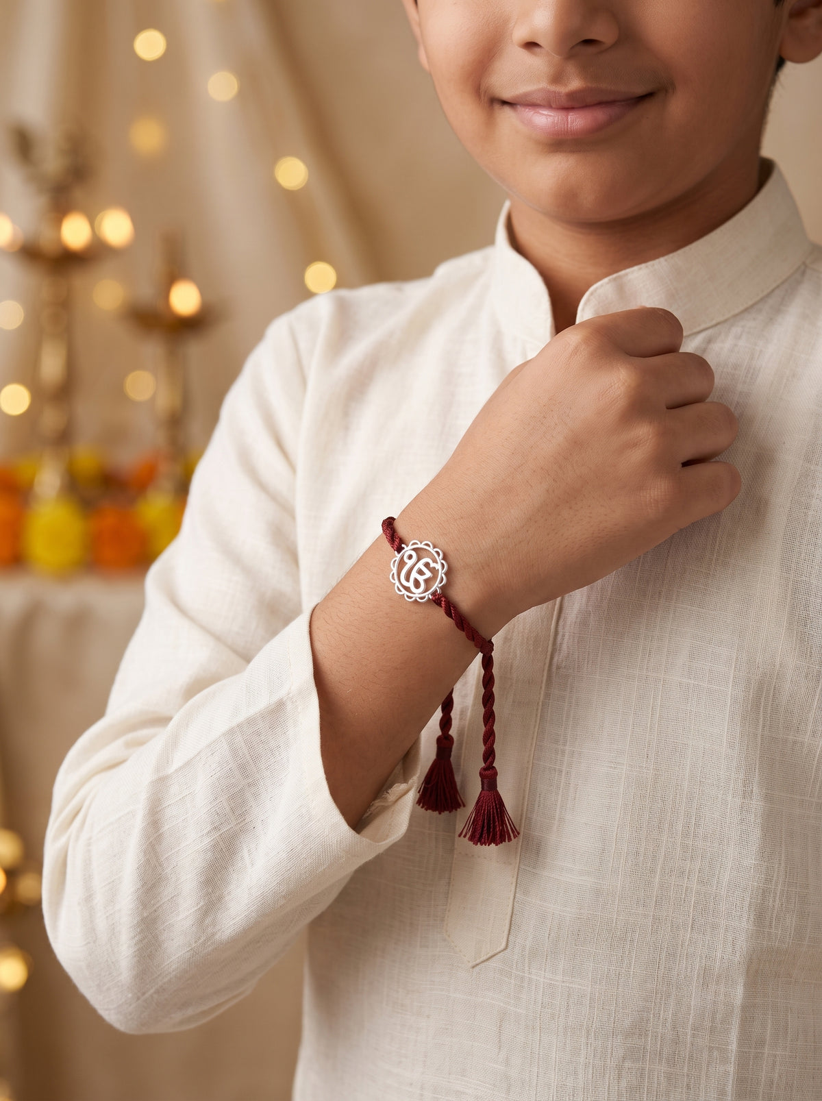 Ik Onkar Silver Rakhi - Maroon Thread