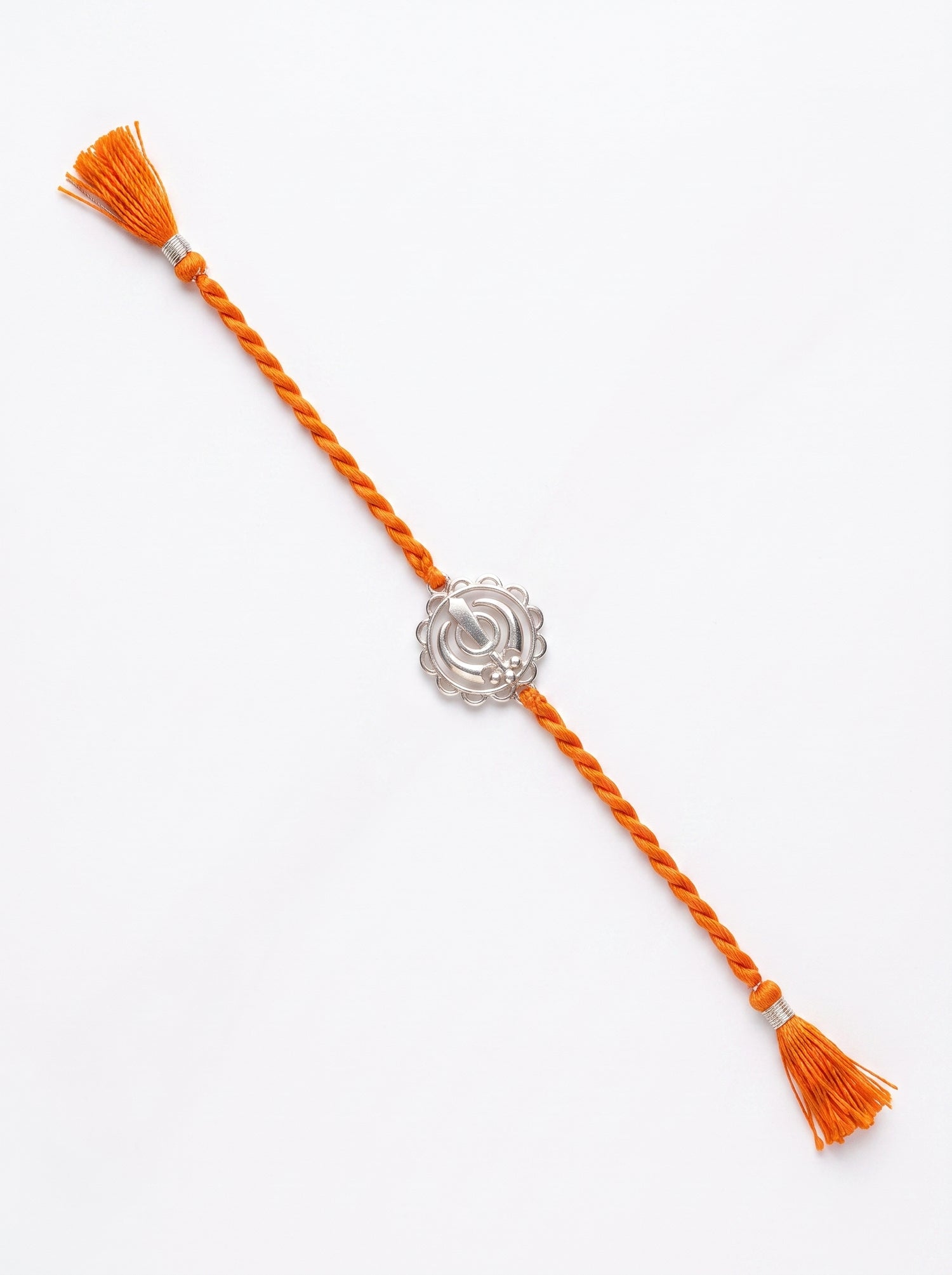 Khanda Silver Rakhi - Orange Thread