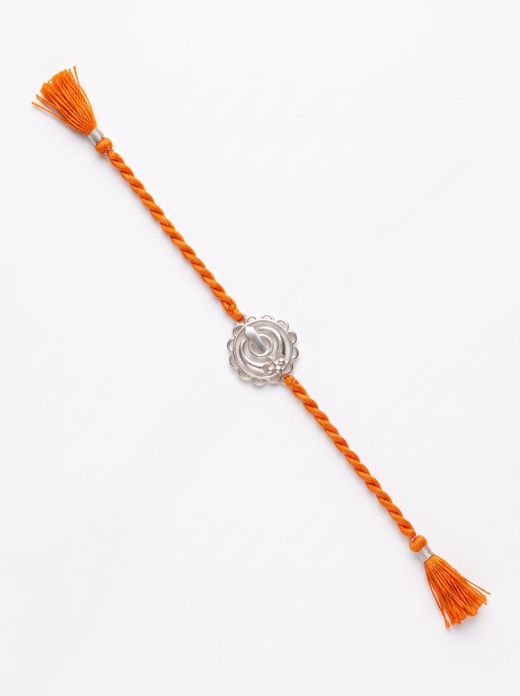Khanda Silver Rakhi - Orange Thread