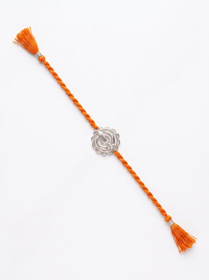 Khanda Silver Rakhi - Orange Thread