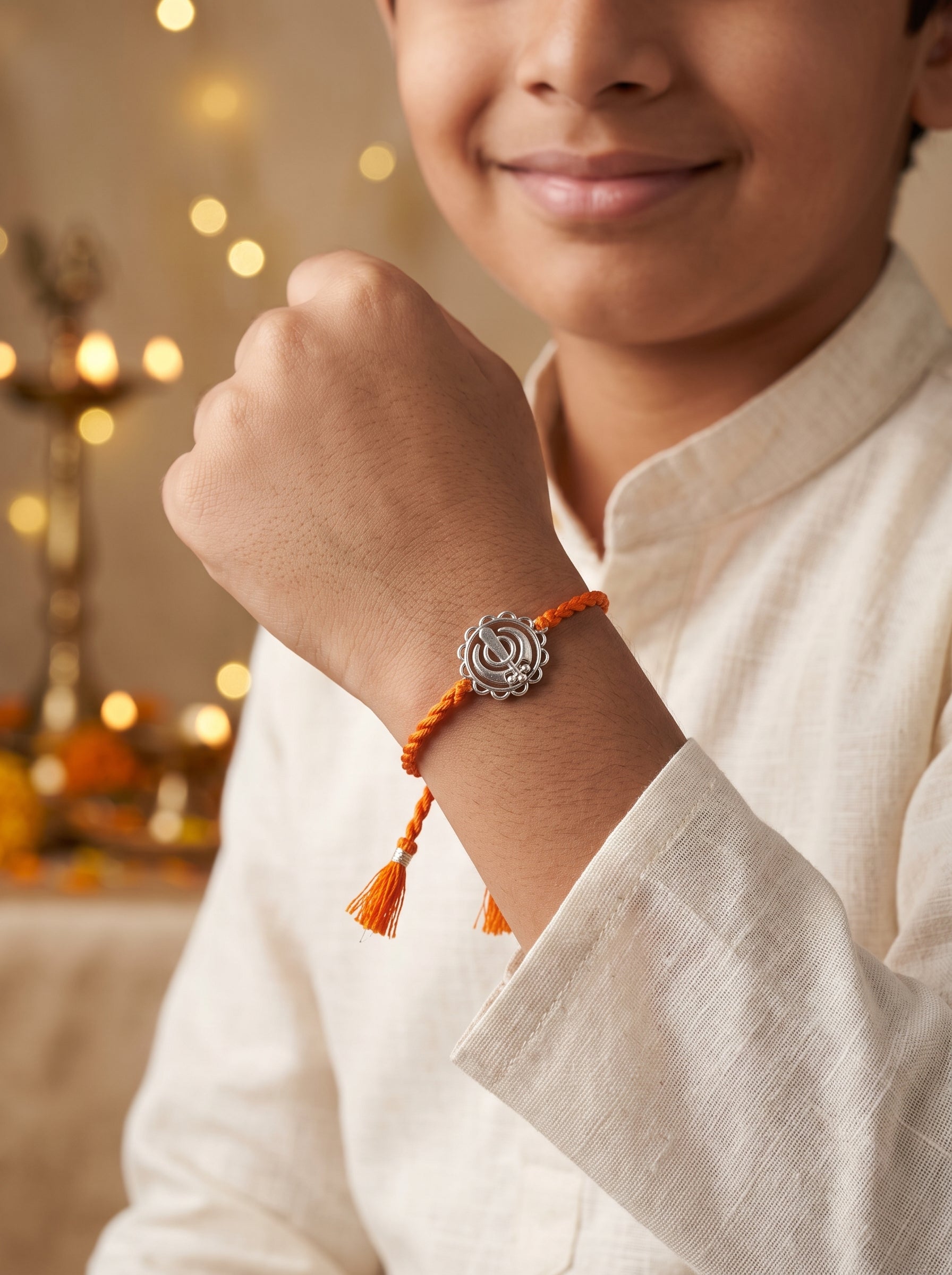 Khanda Silver Rakhi - Orange Thread