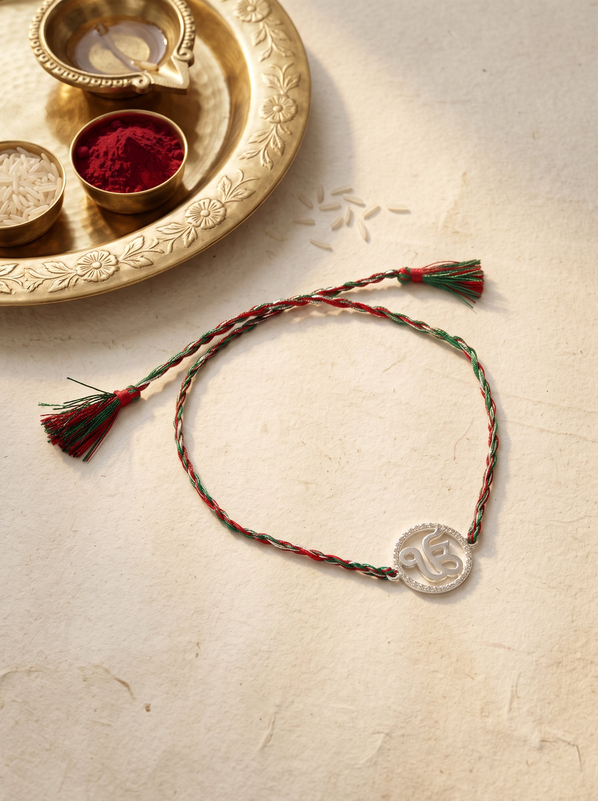 Ik Onkar CZ Halo Silver Rakhi - Red Green