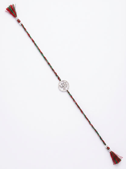 Ik Onkar CZ Halo Silver Rakhi - Red Green