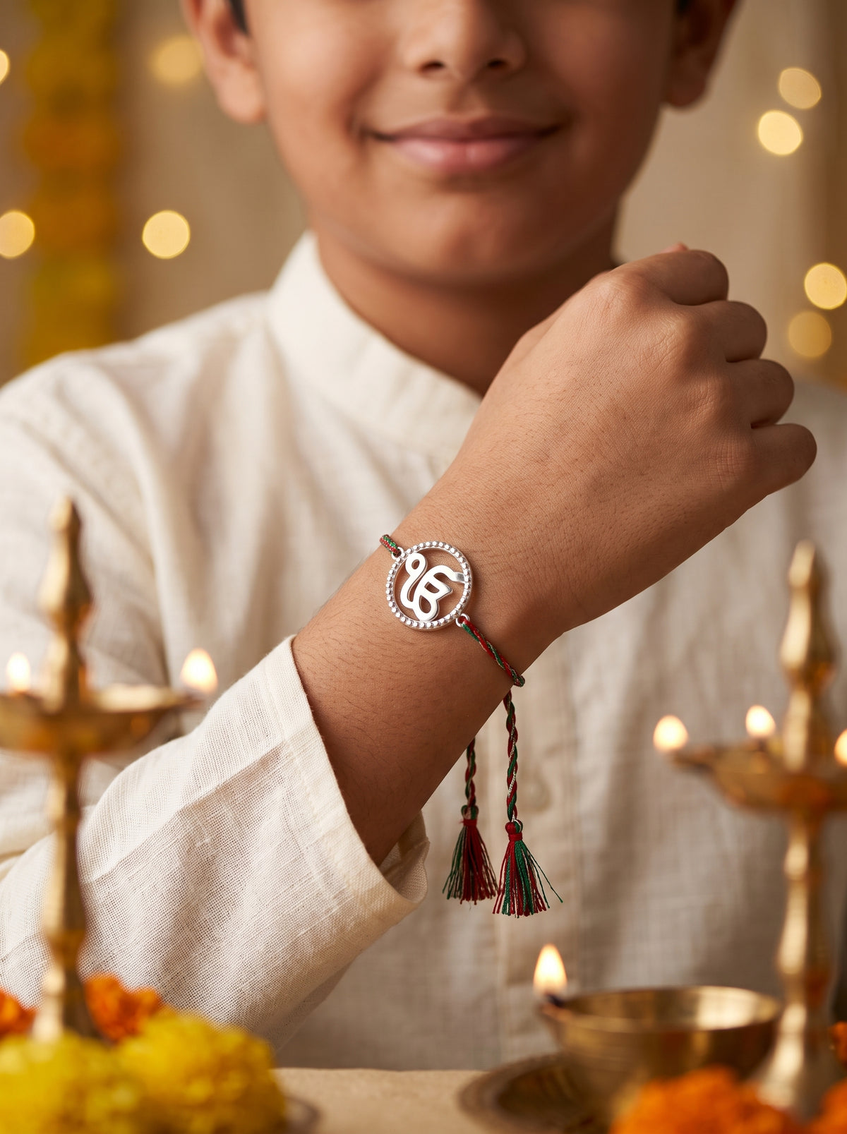 Ik Onkar CZ Halo Silver Rakhi - Red Green