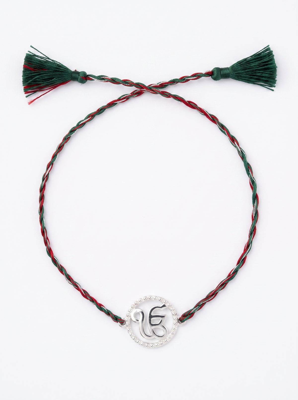 Ik Onkar CZ Halo Silver Rakhi - Red Green - studio product photo - Hardik Jewels