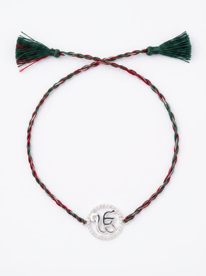 Ik Onkar CZ Halo Silver Rakhi - Red Green - studio product photo - Hardik Jewels