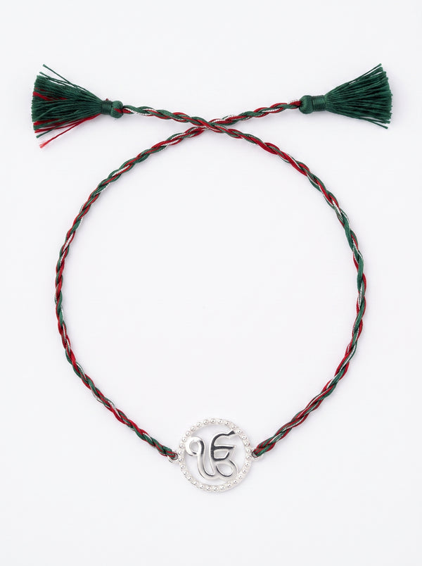 Ik Onkar CZ Halo Silver Rakhi - Red Green