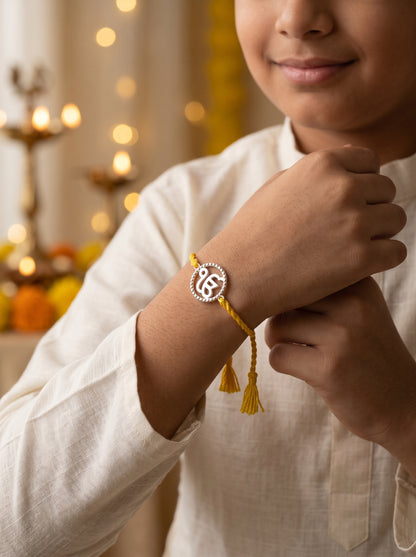 Ik Onkar CZ Halo Silver Rakhi - Yellow