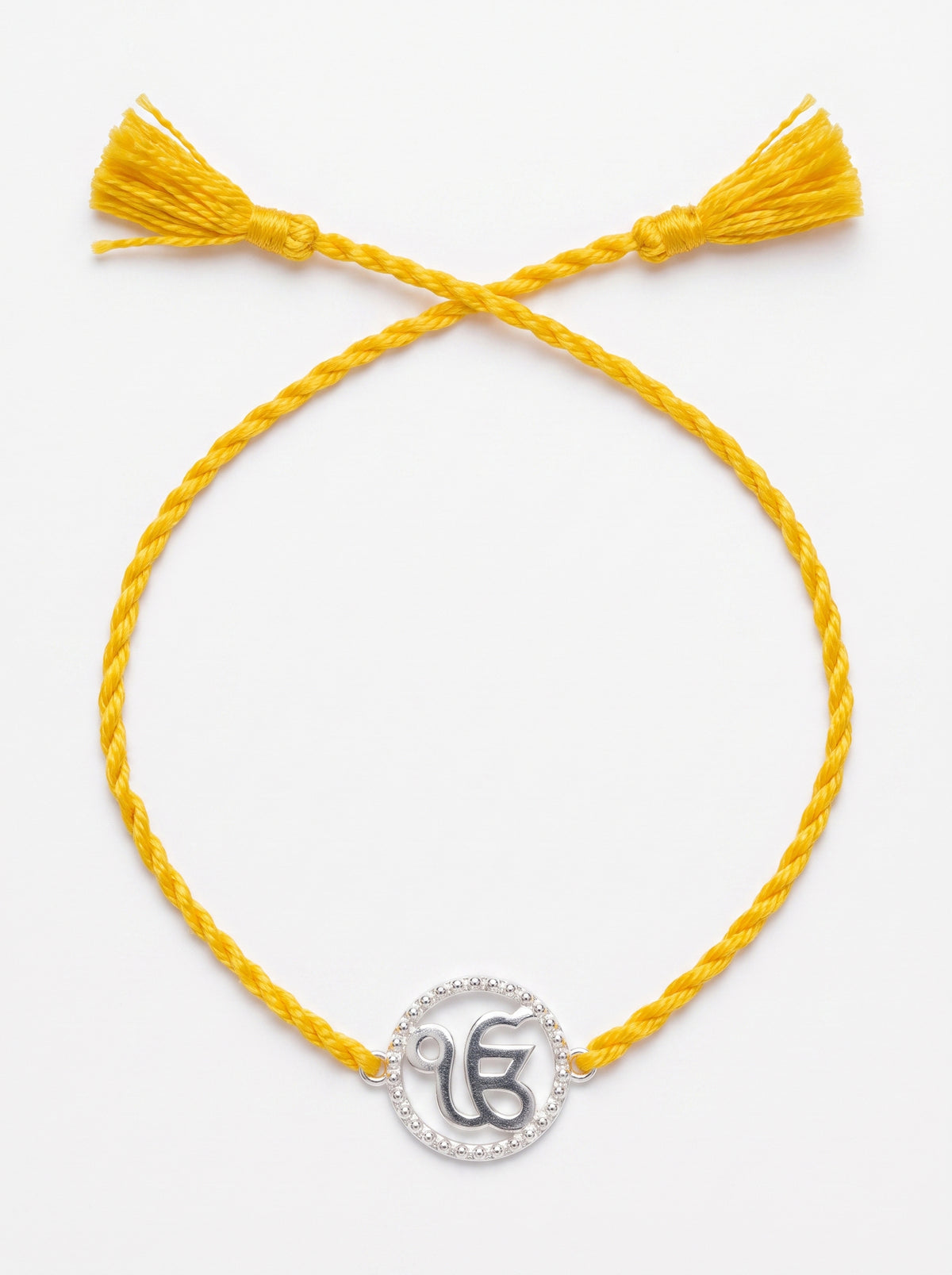 Ik Onkar CZ Halo Silver Rakhi - Yellow - studio product photo - Hardik Jewels