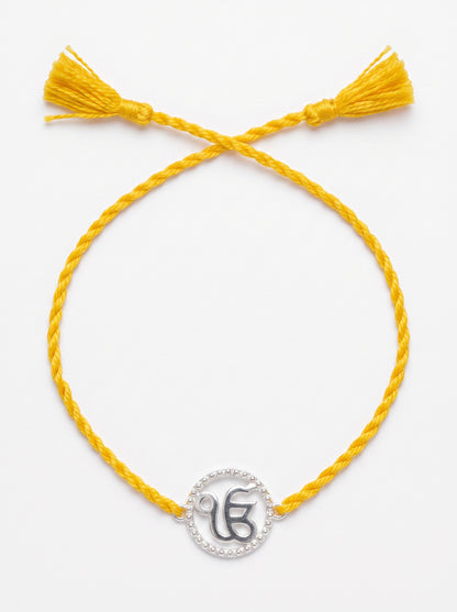 Ik Onkar CZ Halo Silver Rakhi - Yellow - studio product photo - Hardik Jewels