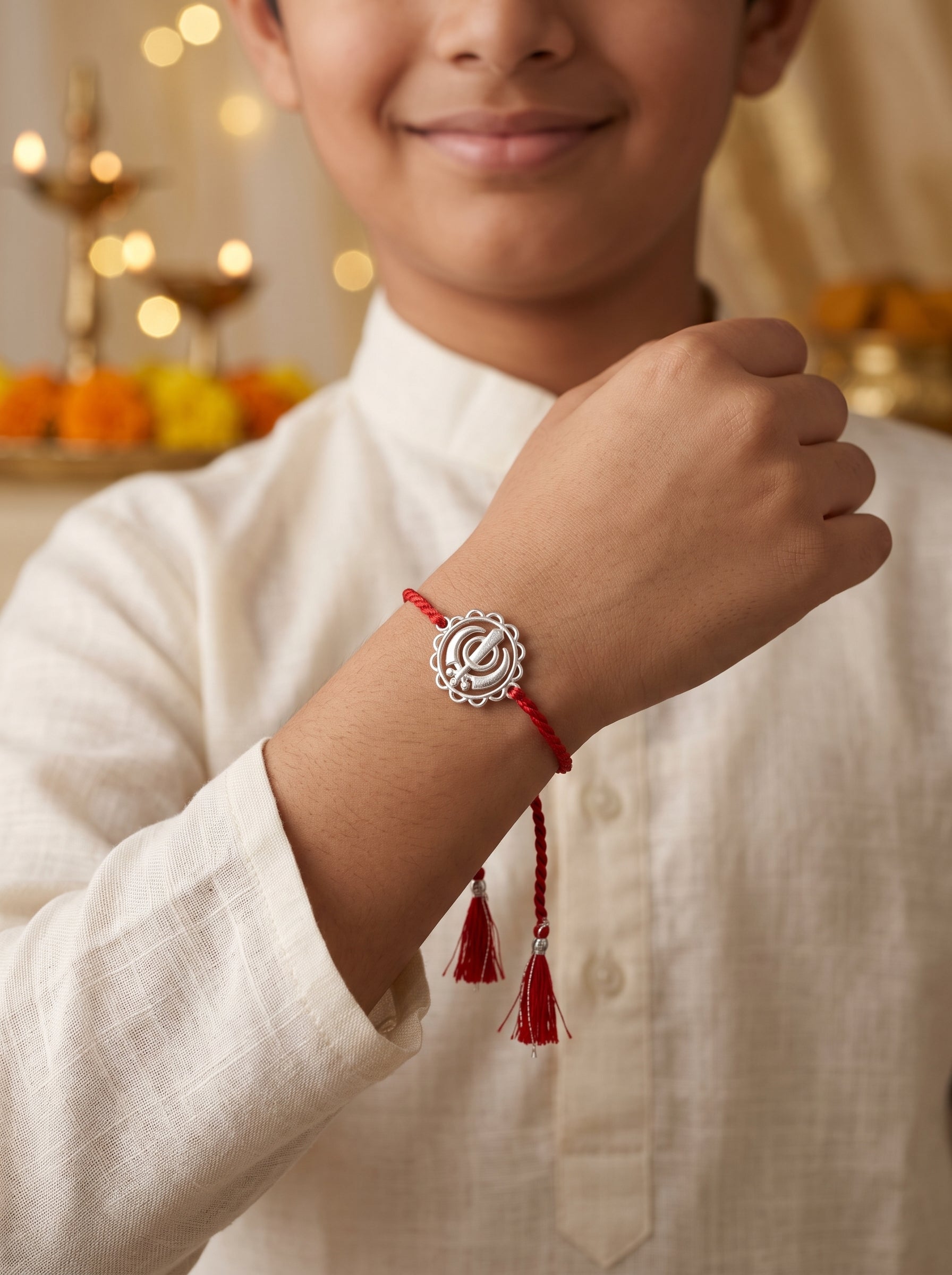 Khanda Silver Rakhi - Red Thread