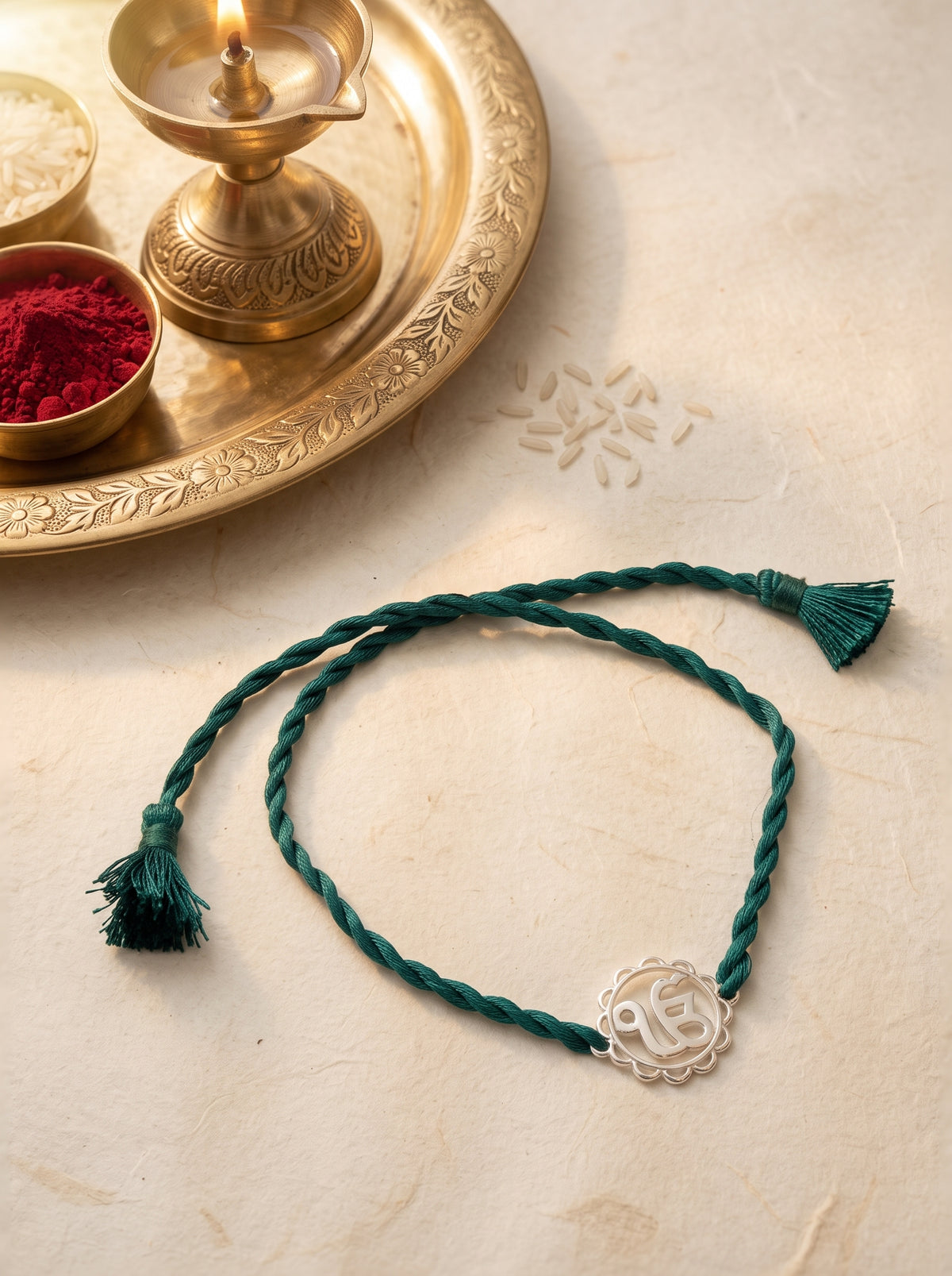 Ik Onkar Floral Silver Rakhi - Green