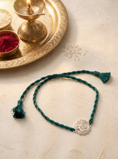 Ik Onkar Floral Silver Rakhi - Green