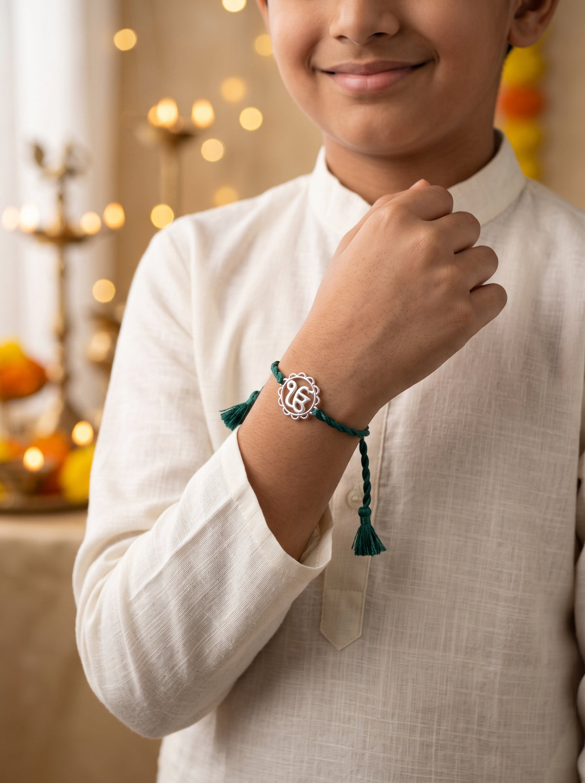 Ik Onkar Floral Silver Rakhi - Green